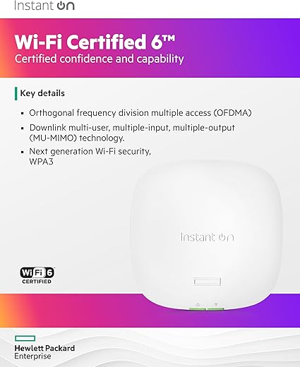 HPE Networking Instant On Access Point AP22 2x2 WiFi 6 Indoor Wireless Access Point | Long Range, Secure, Smart Mesh Support | Power Source Not Included | US Model (R4W01A)