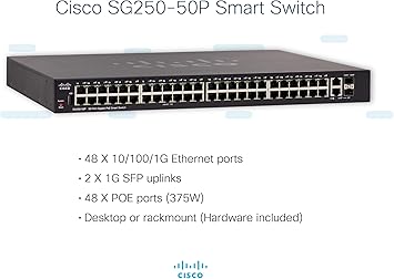 CISCO DESIGNED SG250-50P Smart Switch | 50 Gigabit Ethernet Ports | 48 Gigabit Ethernet RJ45 Ports | 2 SFP Gigabit Ethernet Combo Ports | 375W PoE | Limited Lifetime Protection (SG250-50P-K9-NA), Black