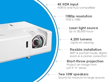 Optoma ZH406ST Short Throw Full HD Professional Laser Projector | DuraCore Laser Technology | High Bright 4200 lumens | 4K HDR Input | Four Corner Image Adjustment | Network Compatible