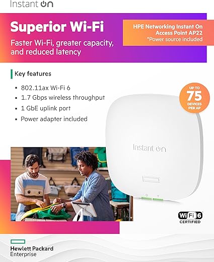 HPE Networking Instant On Access Point AP22 2x2 WiFi 6 Indoor Wireless Access Point | Long Range, Secure, Smart Mesh Support | Power Source Included | US Model (R6M49A)