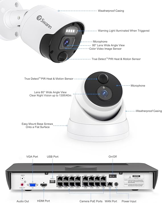 Swann 4K Master Security Camera System, 8 Bullet 8 Dome IP Cameras, 16-Ch NVR with 2TB HDD, Indoor/Outdoor PoE Wired, 24/7 Home Surveillance, Color Night Vision, True Detect, Spotlights, 1676808B8D