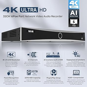 HITOSINO 4K 8CH 8 PoE Port NVR (32CH POE AI NVR(Not Include HDD))