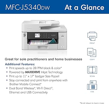 Brother MFC-J5340DW Business Color Inkjet All-in-One Printer with Printing up to 11”x17 (Ledger) Size Capabilities, White