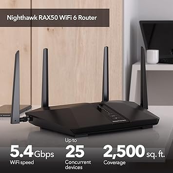 NETGEAR Nighthawk AX6 6-Stream WiFi 6 Router (RAX50) - AX5400 Wireless Speed (up to 5.4Gbps) | Coverage for Medium-to-Large Homes | 4 x 1G Ethernet Ports | 1 x 3.0 USB, Model: RAX50-100NAS
