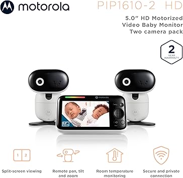 Motorola Baby PIP1610 HD - 5" Motorized Video Baby Monitor w/ 2 Cameras, Wall Mount, 1000ft Range, Two-Way Audio, Room Temperature Monitoring - Private Connection (No Wi-Fi, Does Not Use App)