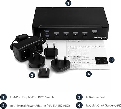 StarTech.com 4 Port DisplayPort KVM Switch - 4K 60Hz - Single Display - Dual Port UHD DP 1.2 USB KVM Switch with Integrated USB 2.0 Hub & Audio - Dell, HP, Apple, Lenovo - TAA Compliant (SV431DPUA2)