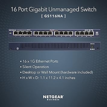 NETGEAR 16-Port Gigabit Ethernet Unmanaged Switch (GS116NA) - Desktop, and ProSAFE Lifetime Protection
