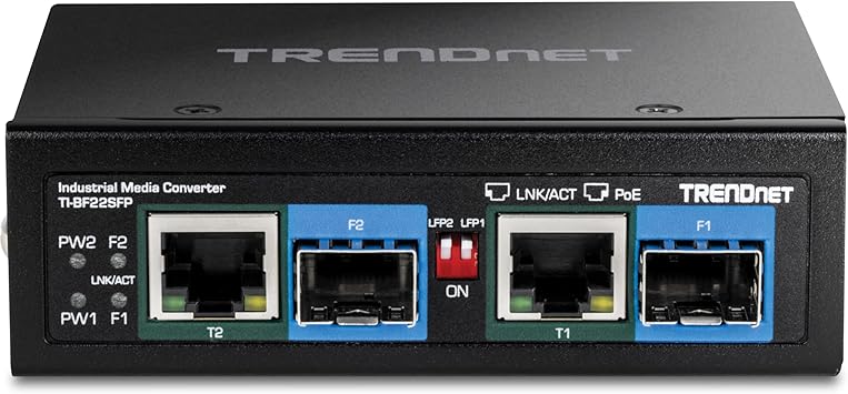 TRENDnet 2-Port Industrial SFP to Gigabit PoE++ Media Converter, TI-BF22SFP, IP30 Metal Housing, Power Supply (Model TI-S15052) Sold Separately, Black
