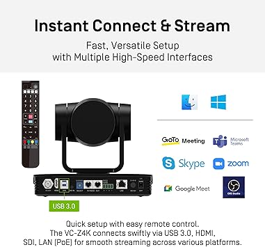 IPEVO VC-Z4K UHD 4K PTZ Camera: 1/2.8" HD CMOS, 12X Optical Zoom, AI AutoTracking, HDMI/USB-C, LAN, PoE. Ideal for Education, Video Conferencing, Church, Live Streaming on YouTube, OBS, Zoom - Black
