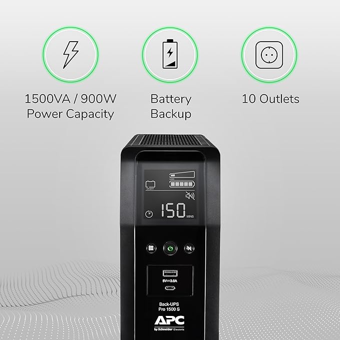 APC by Schneider Electric UPS, 1500VA Sine Wave UPS Battery Backup & Surge Protector, BR1500MS2 Backup Battery with AVR, (2) USB Charger Ports, Back-UPS Pro Uninterruptible Power Supply
