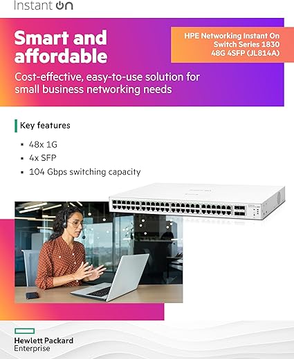 HPE Networking Instant On Switch Series 1830 48-Port Gb Smart-Managed Layer 2 Ethernet Switch | 48x 1G | 4X SFP | Fan-Less | US Cord (JL814A#ABA)