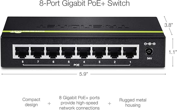 TRENDnet 8-Port Gigabit PoE+ Switch, 8 x Gigabit PoE+ Ports, 123W PoE Power Budget, 16 Gbps Switching Capacity, Desktop Switch, Ethernet Network Switch, Metal, Lifetime Protection, Black, TPE-TG80G