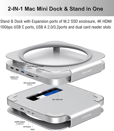 GEWOKLIY Mac mini Studio Dock and Stand, Hub with SSD Enclosure for NVME/SATA M.2, 4K HDMI Adapter 10Gbps USB A/C Port, TF/SD Card Reader, Dock for Mac mini M1/ M2 and Mac Studio 2024 | Accessories
