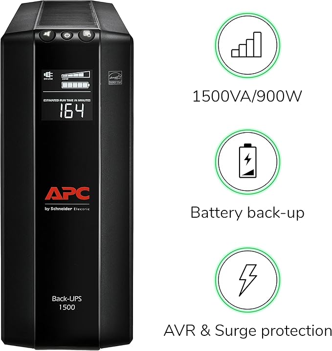 APC 1500VA UPS Battery Backup & Surge Protector, APC UPS Back-UPS Pro (BX1500M)