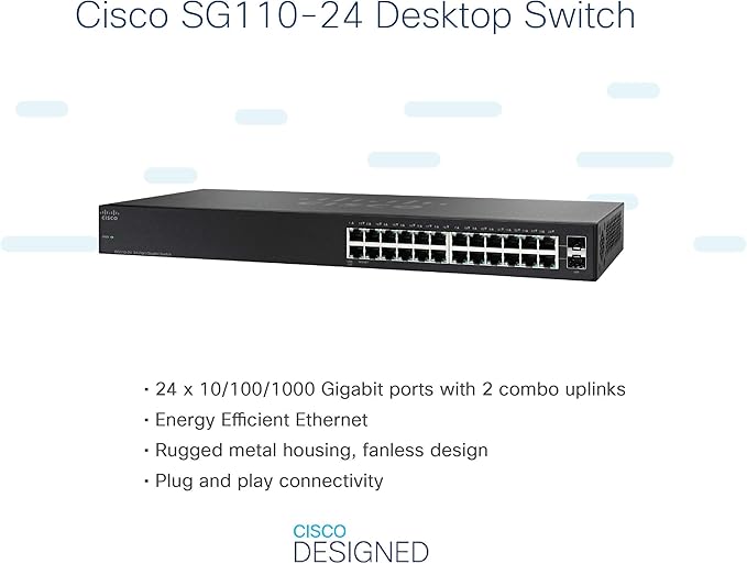 Cisco SG110-24 Unmanaged Switch, 24 Gigabit Ethernet (GbE) Ports, 2 Combo Mini-GBIC SFP, Limited Lifetime Protection (SG110-24-NA)