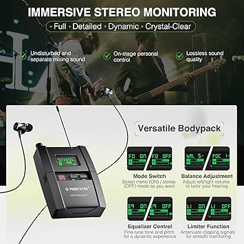 Phenyx Pro UHF Stereo Wireless in Ear Audio Monitor System, Selectable Frequency 900MHz Band, Rack Mountable, 160 ft. Operation, Ideal for Stage, Studio, Exhibit, Lecture, Speech (PTM-10)
