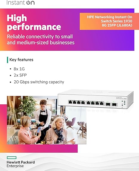 HPE Networking Instant On Switch Series 1930 8-Port Gb Smart-Managed Layer 2+ Ethernet Switch | 8X 1G | 2X SFP | US Cord (JL680A#ABA)
