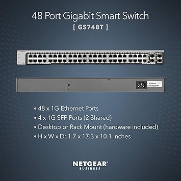 NETGEAR 48-Port Gigabit Ethernet Smart Managed Pro Switch (GS748T) - with 4 x 1G SFP, Desktop/Rackmount, and ProSAFE Lifetime Protection