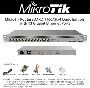 MikroTik RouterBOARD RB1100AHx4 Dude 13-Port Gigabit Router Dude Edition - 1U Rackmount - 60GB M.2 Drive