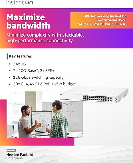 HPE Networking Instant On Switch Series 1960 24-Port Gb Smart-Managed Layer 2+ Ethernet Switch with PoE | 24x 1G | 2X 10GBase-T, 2X SFP+ | 20x CL4, 4X CL6 PoE 370W | Stackable | US Cord (JL807A#ABA)