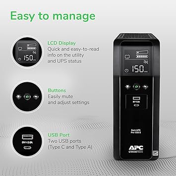 APC by Schneider Electric UPS, 1500VA Sine Wave UPS Battery Backup & Surge Protector, BR1500MS2 Backup Battery with AVR, (2) USB Charger Ports, Back-UPS Pro Uninterruptible Power Supply