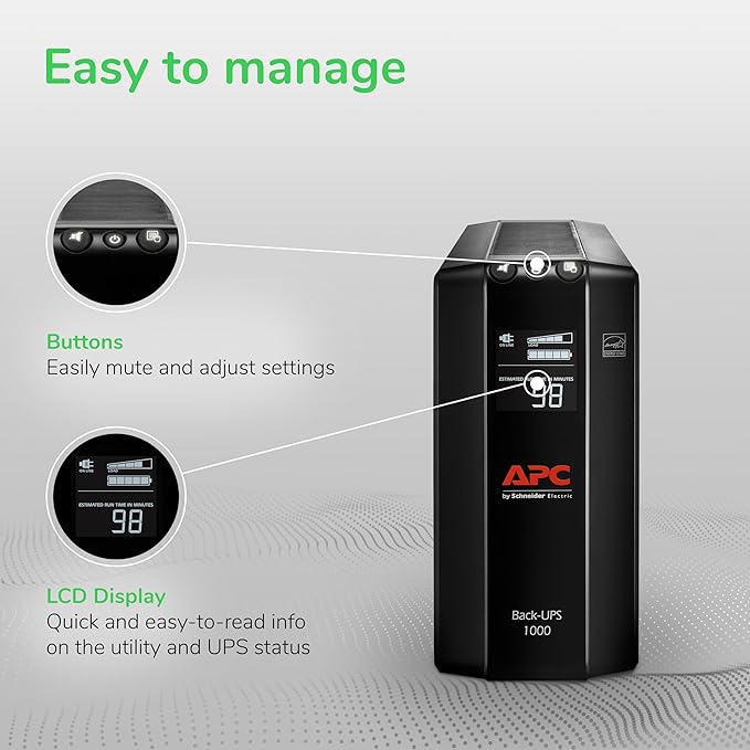 APC UPS 1000VA UPS Battery Backup and Surge Protector, BX1000M Backup Battery Power Supply, AVR, Dataline Protection