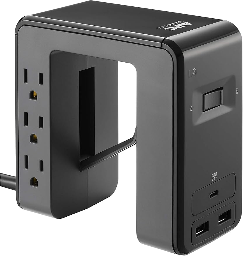 APC Desk Mount Power Station PE6U21, U-Shaped Surge Protector with USB Ports (3), Desk Clamp, 6 Outlet, 1080 Joules Black