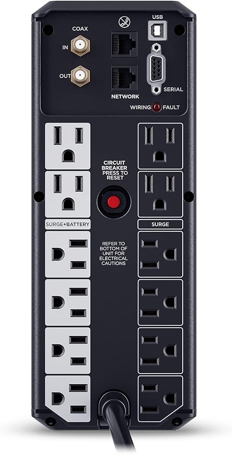 CyberPower CP1500AVRLCD3 Intelligent LCD UPS System, 1500VA/900W, 12 Outlets, 2 USB Ports, AVR, Mini Tower, Black