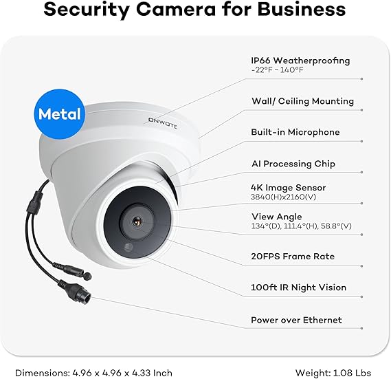 ONWOTE Wired 4K Security Camera System PoE 16 Channel, AI-Human-Vehicle-Detection, 8Pcs Outdoor Commercial 4K PoE IP Cameras Audio, 128° Wide View, 16CH 4K 8MP Business NVR 4TB, 16CH Synchro Playback