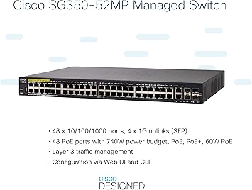 Cisco SG350-52MP Managed Switch | 52 Gigabit Ethernet Ports | 48 Gigabit Ethernet RJ45 Ports | 2 SFP Slots | 2 Gigabit Ethernet Combo | 740W PoE | Limited Lifetime Protection (SG350-52MP-K9-NA)