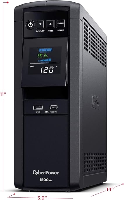 CyberPower CP1500PFCLCD PFC Sinewave UPS System, 1500VA/1000W, 12 Outlets, AVR, Mini Tower,Black