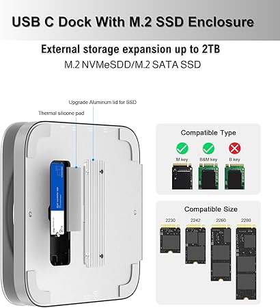 GEWOKLIY Mac mini Studio Dock and Stand, Hub with SSD Enclosure for NVME/SATA M.2, 4K HDMI Adapter 10Gbps USB A/C Port, TF/SD Card Reader, Dock for Mac mini M1/ M2 and Mac Studio 2024 | Accessories