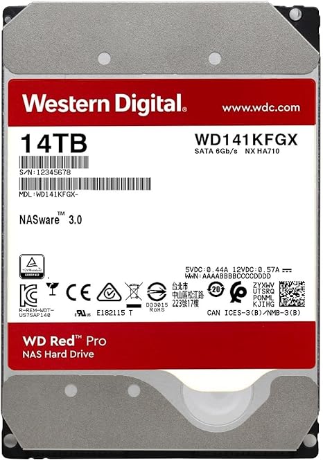 Western Digital 14TB WD Red Pro NAS Internal Hard Drive HDD - 7200 RPM, SATA 6 Gb/s, CMR, 512 MB Cache, 3.5" - WD141KFGX