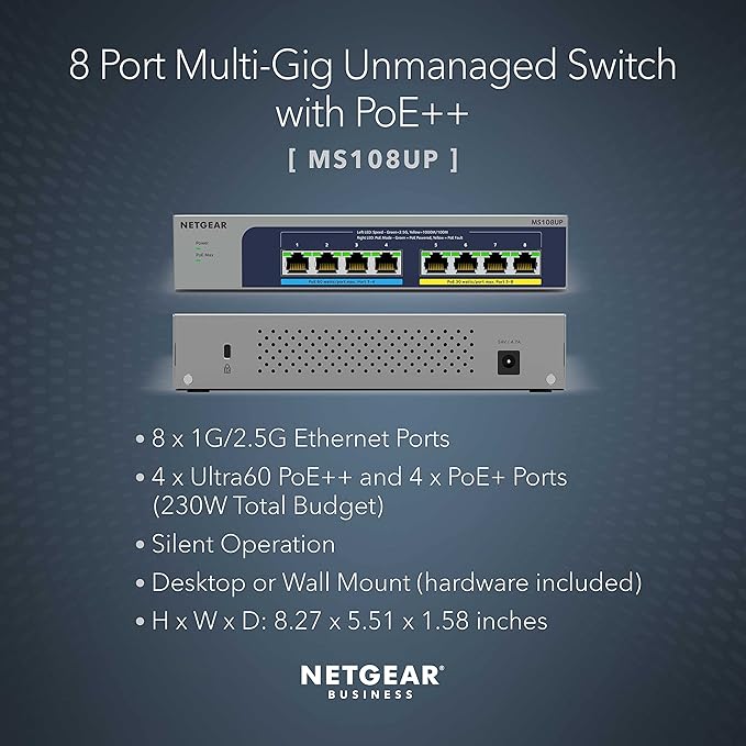 NETGEAR 8-Port Ultra60 PoE Multi-Gigabit Ethernet Unmanaged Network Switch (MS108UP) - with 4 x PoE++ and 4 x PoE+ @ 230W, Desktop or Wall Mount, and Limited Lifetime Protection