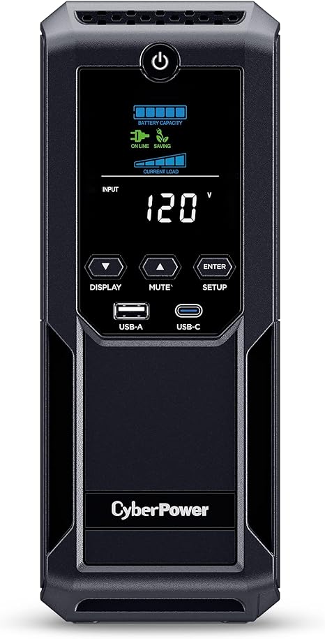 CyberPower CP1500AVRLCD3 Intelligent LCD UPS System, 1500VA/900W, 12 Outlets, 2 USB Ports, AVR, Mini Tower, Black