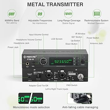 Phenyx Pro UHF Stereo Wireless in Ear Audio Monitor System, Selectable Frequency 900MHz Band, Rack Mountable, 160 ft. Operation, Ideal for Stage, Studio, Exhibit, Lecture, Speech (PTM-10)