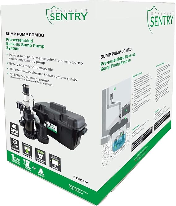 Basement Sentry Battery Backup Sump Pump System Combo (Pre-Assembled) Primary Sump Pump and Battery Back-up Pump, Controller, Alarm System, Charger, Float Switch and Battery Box