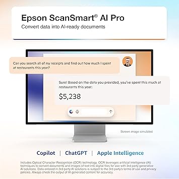 Epson RapidReceipt RR-600W Wireless Desktop Color 2-Sided Receipt & Document Scanner with ScanSmart AI PRO Receipt Management & PDF Software for PC & Mac, Touchscreen & 100-Page Auto Document Feeder