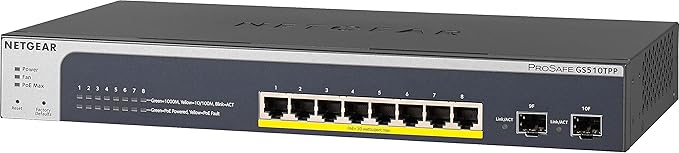 NETGEAR 10-Port Gigabit Ethernet Smart Managed Pro PoE Switch (GS510TPP) - with 8 x PoE+ @ 190W, 2 x 1G SFP, Desktop/Rackmount, and ProSAFE Lifetime Protection