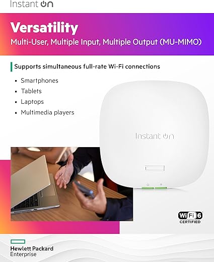 HPE Networking Instant On Access Point AP22 2x2 WiFi 6 Indoor Wireless Access Point | Long Range, Secure, Smart Mesh Support | Power Source Not Included | US Model (R4W01A)