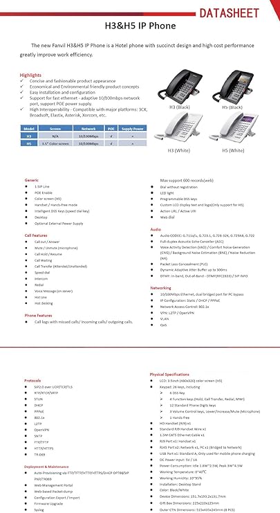 Fanvil H5 Hotel IP Phone Brilliant Design for Hotels,3.5''Color Screen Displays Hotel Information