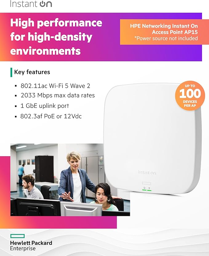 HPE Networking Instant On Access Point AP15 4x4 WiFi 5 Indoor Wireless Access Point | Power Source Not Included | US Model (R2X05A)