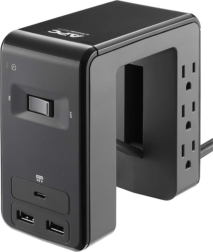 APC Desk Mount Power Station PE6U21, U-Shaped Surge Protector with USB Ports (3), Desk Clamp, 6 Outlet, 1080 Joules Black