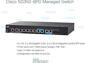 CISCO DESIGNED SG350-8PD Managed Switch | 6 Ports Gigabit Ethernet | 2 Ports 2.5G Multigigabit | M952 Ports 2.5G/SFP Combo | 124W PoE | Limited Lifetime Protection (SG350-8PD-K9-NA)