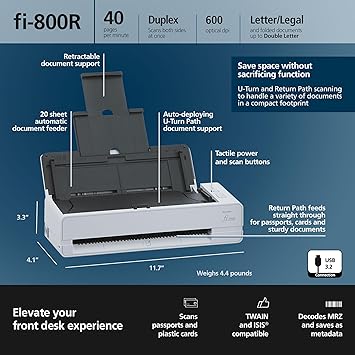 RICOH fi-800R Ultra-Compact, Colour Duplex Document Scanner with Dual Auto Document Feeders (ADF)