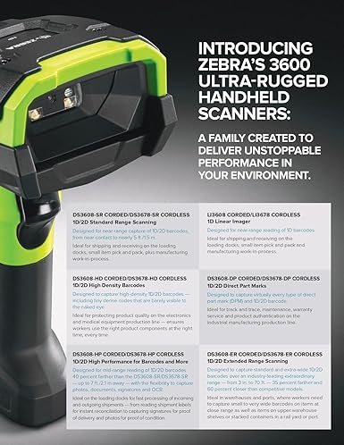 ZEBRA DS3678-SR0F003VZWW Cable, DS3678, FIPS, Industrial Green, Power), Rugged Wireless Barcode Scanner, Scanner ONLY (Requires Cradle, Standard Range 1D/2D Imager, Vibration Motor