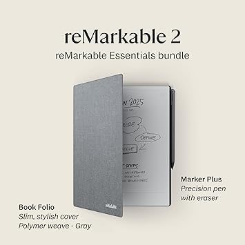 Remarkable Essentials Bundle – Gray | Remarkable 2 Paper Tablet | Includes 10.3” Remarkable Tablet, Marker Plus Pen with Eraser, Book Folio Cover in Gray Weave, and 100 Days Free Connect Trial