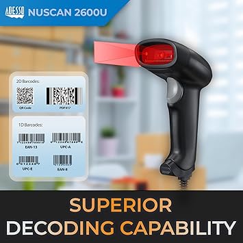 Adesso NuScan 2600U 1D 2D Wired Barcode Scanner with Handheld Bar Code Reader Plug and Play, for Warehouse, Library, Supermarket