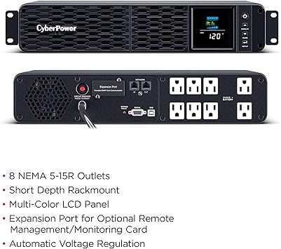 CyberPower CP1500PFCRM2U PFC Sinewave UPS System, 1500VA/1000W, 8 Outlets, AVR, Short Depth 2U Rackmount