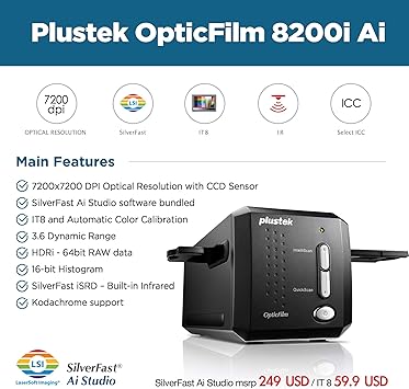 Plustek OpticFilm 8200i AI - 35mm Film & Slides Scanner. IT 8 Calibration Target + SilverFast Ai Studio , 7200 dpi Resolution 64Bit HDRi, Mac/PC